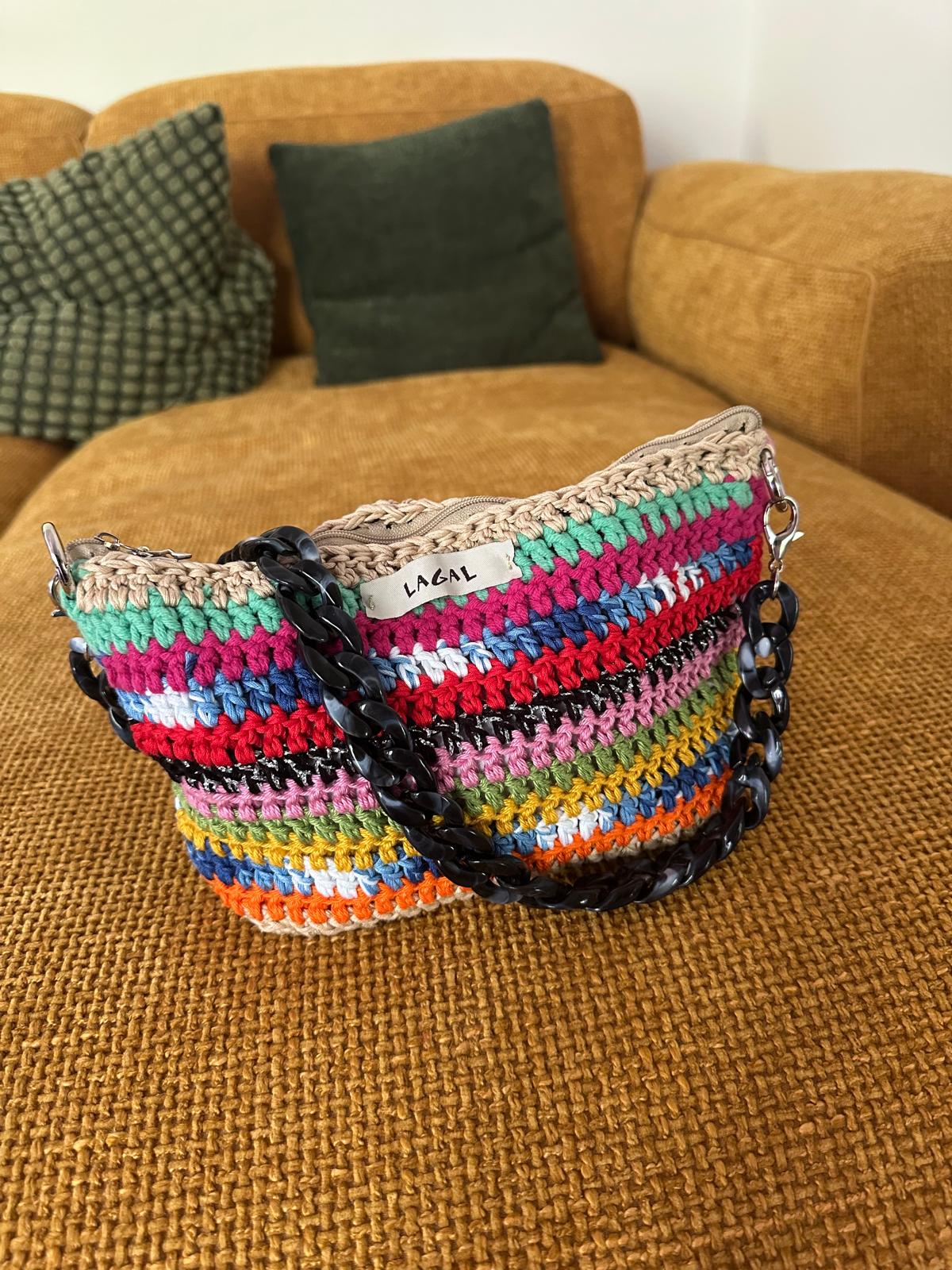 Borsa Rainbow fatta all'uncinetto in cotone