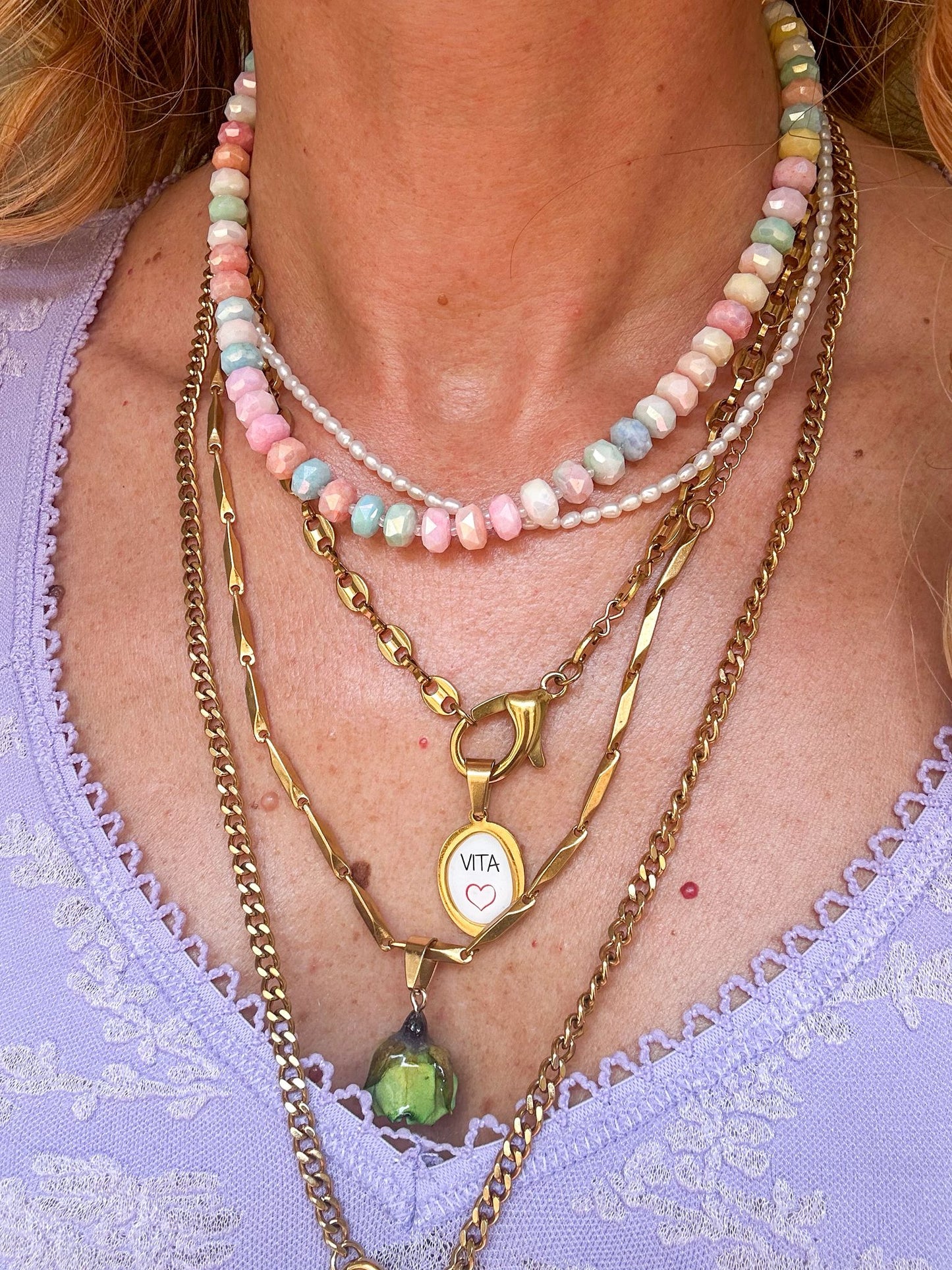 Collana in acciaio inossidabile e perle in vetro "Pastello"