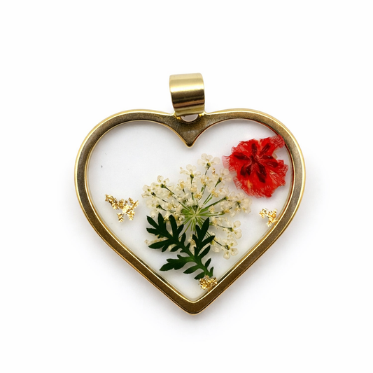 Ciondolo in acciaio inossidabile resina e fiori secchi placcato oro 18K "Primavera"