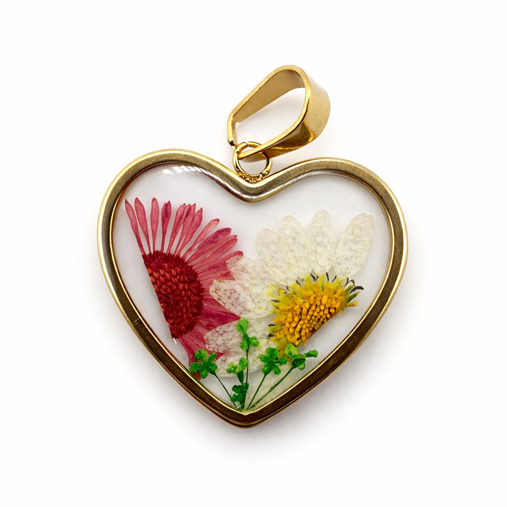 Ciondolo in acciaio inossidabile resina e fiori secchi placcato oro 18K "Primavera"