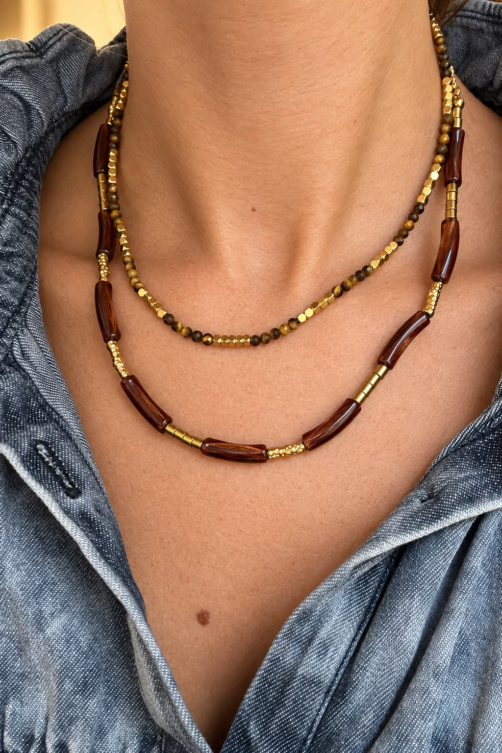 Collana in acciaio inossidabile e perline in pietra naturale "Sassolino"