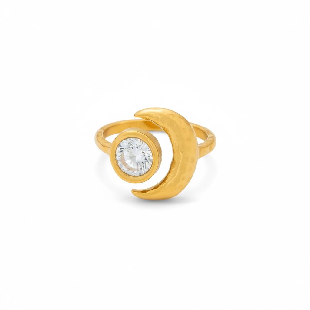 Anello in acciaio inossidabile e zirconi, anallergico e waterproof placcato oro 18K "Eclissi"