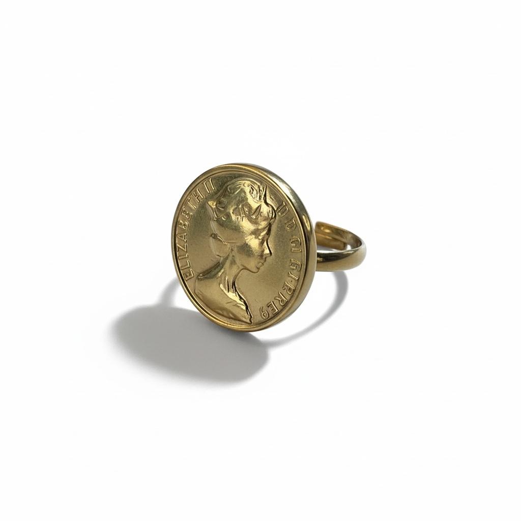 Anello in acciaio inossidabile, anallergico e waterproof placcato oro 18K "Moneta"