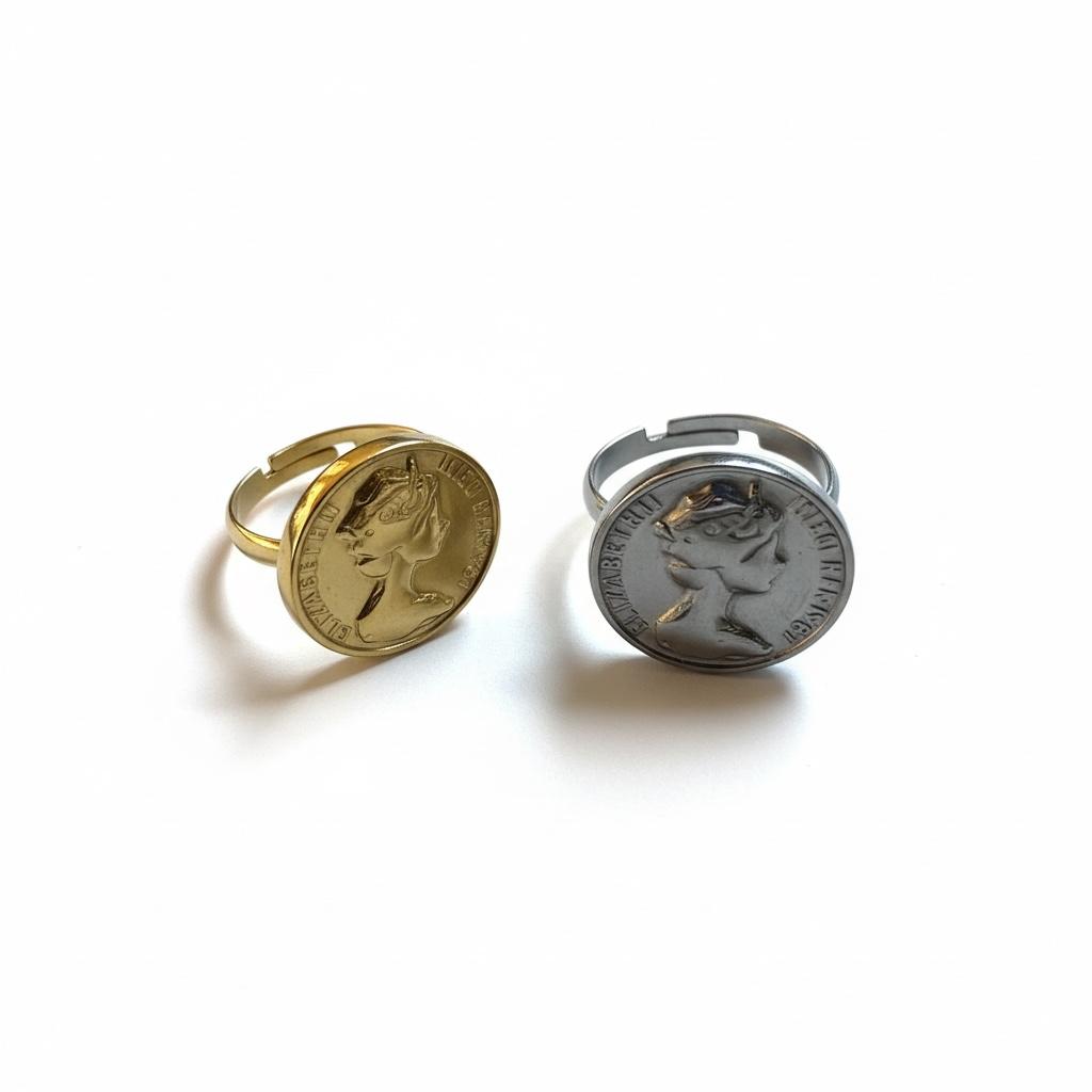 Anello in acciaio inossidabile, anallergico e waterproof placcato oro 18K "Moneta"