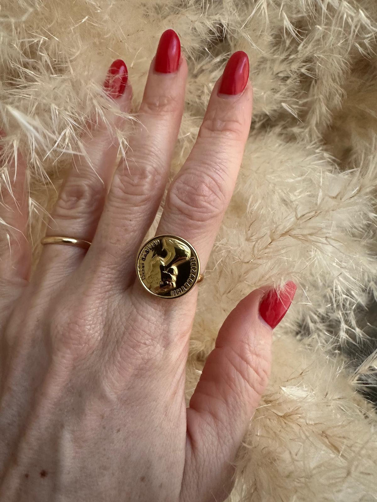 Anello in acciaio inossidabile, anallergico e waterproof placcato oro 18K "Moneta"