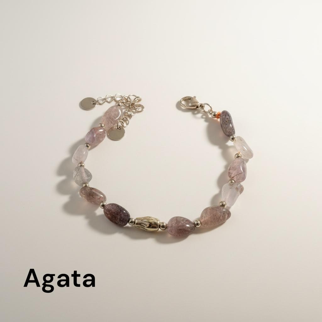 Bracciale con perle di pietra dura, vetro e cordino in lurex "Blush"