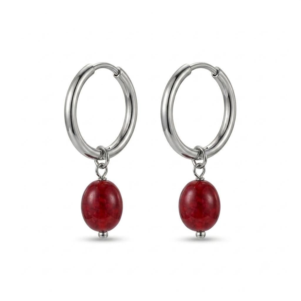 Orecchini in acciaio inossidabile e perle di giada rossa"Passion"