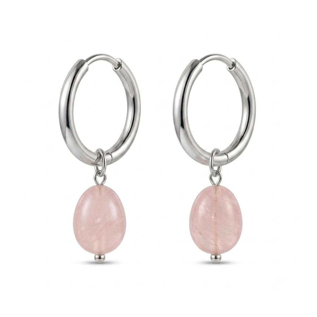 Orecchini in acciaio inossidabile e perle di quarzo rosa "Silverio