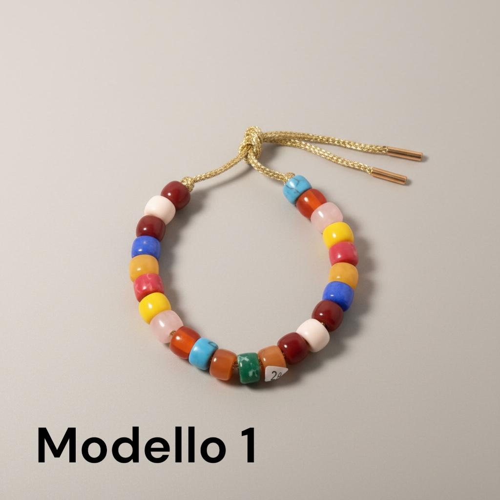 Bracciale con perle di pietra dura, vetro e cordino in lurex "Gioia"