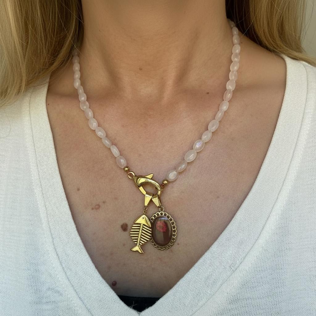 Collana in acciaio inossidabile e quarzo rosa "Silverio"