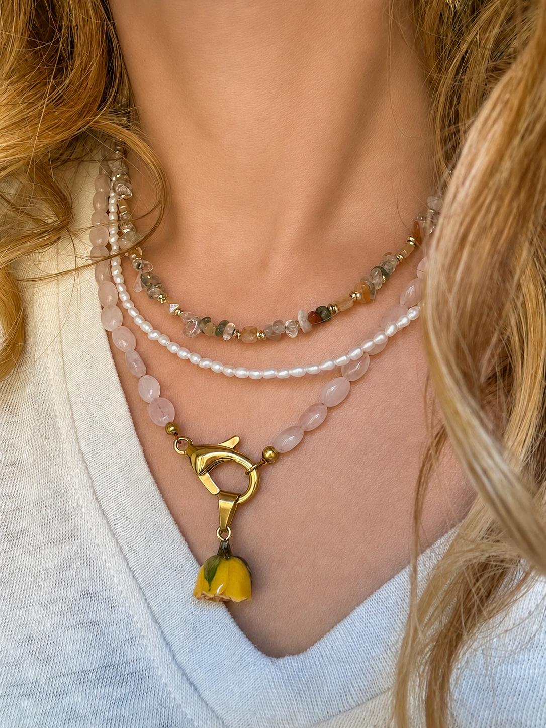 Collana in acciaio inossidabile e quarzo rosa "Silverio"