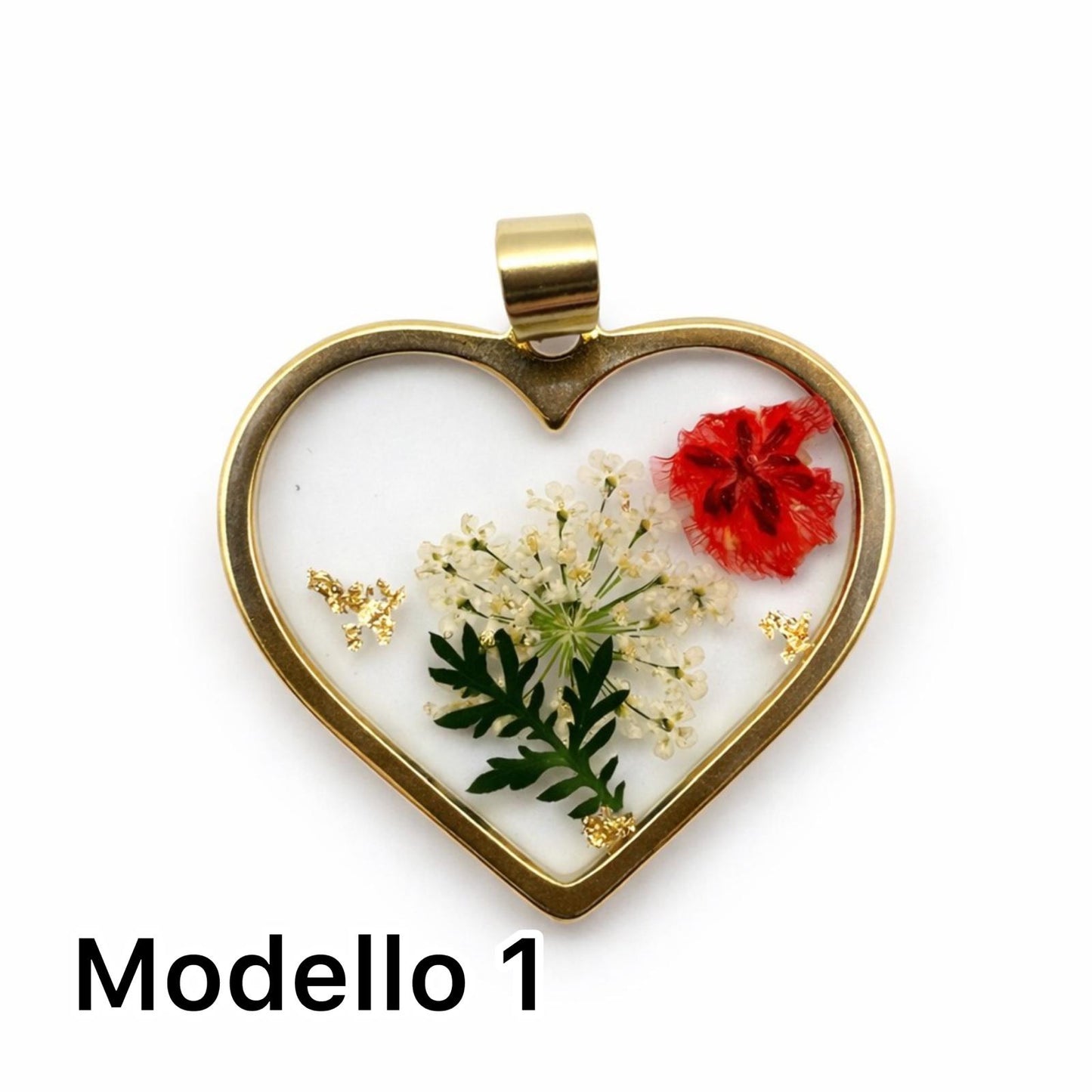 Ciondolo in acciaio inossidabile resina e fiori secchi placcato oro 18K "Primavera"