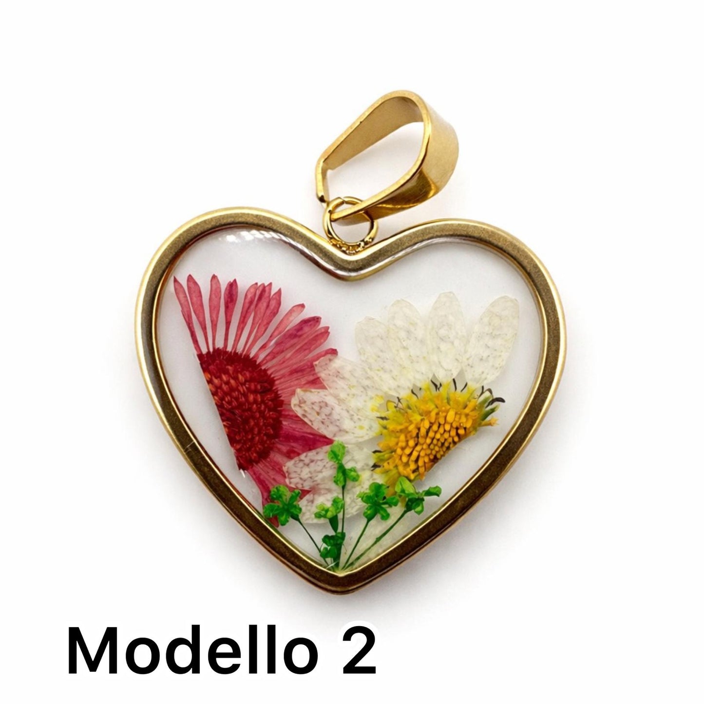 Ciondolo in acciaio inossidabile resina e fiori secchi placcato oro 18K "Primavera"