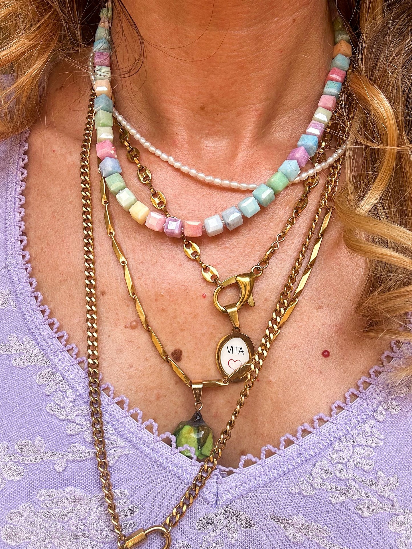 Collana in acciaio inossidabile e perle in vetro "Pastello"