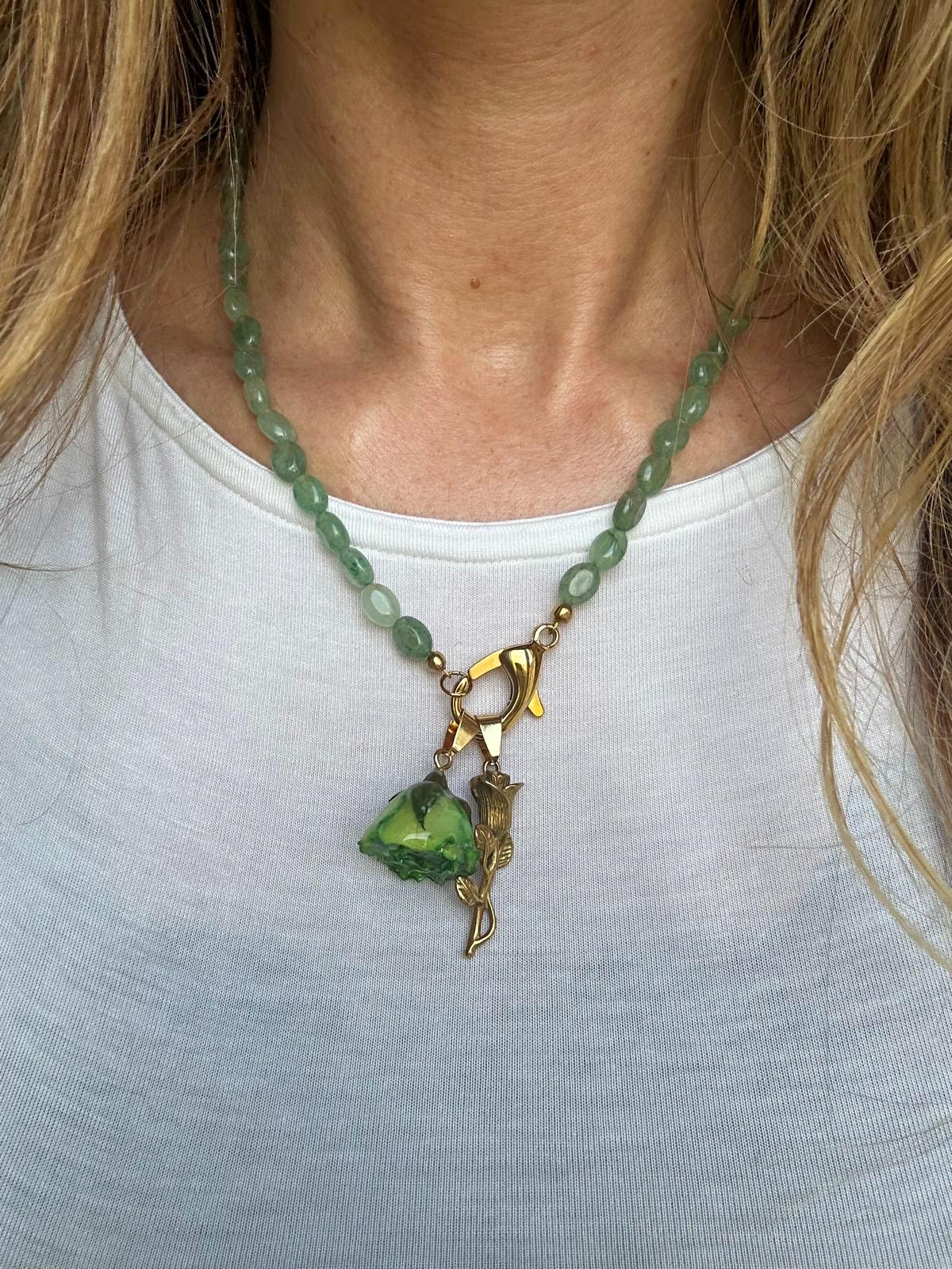 Collana in acciaio inossidabile e avventurina verde "Salvia"