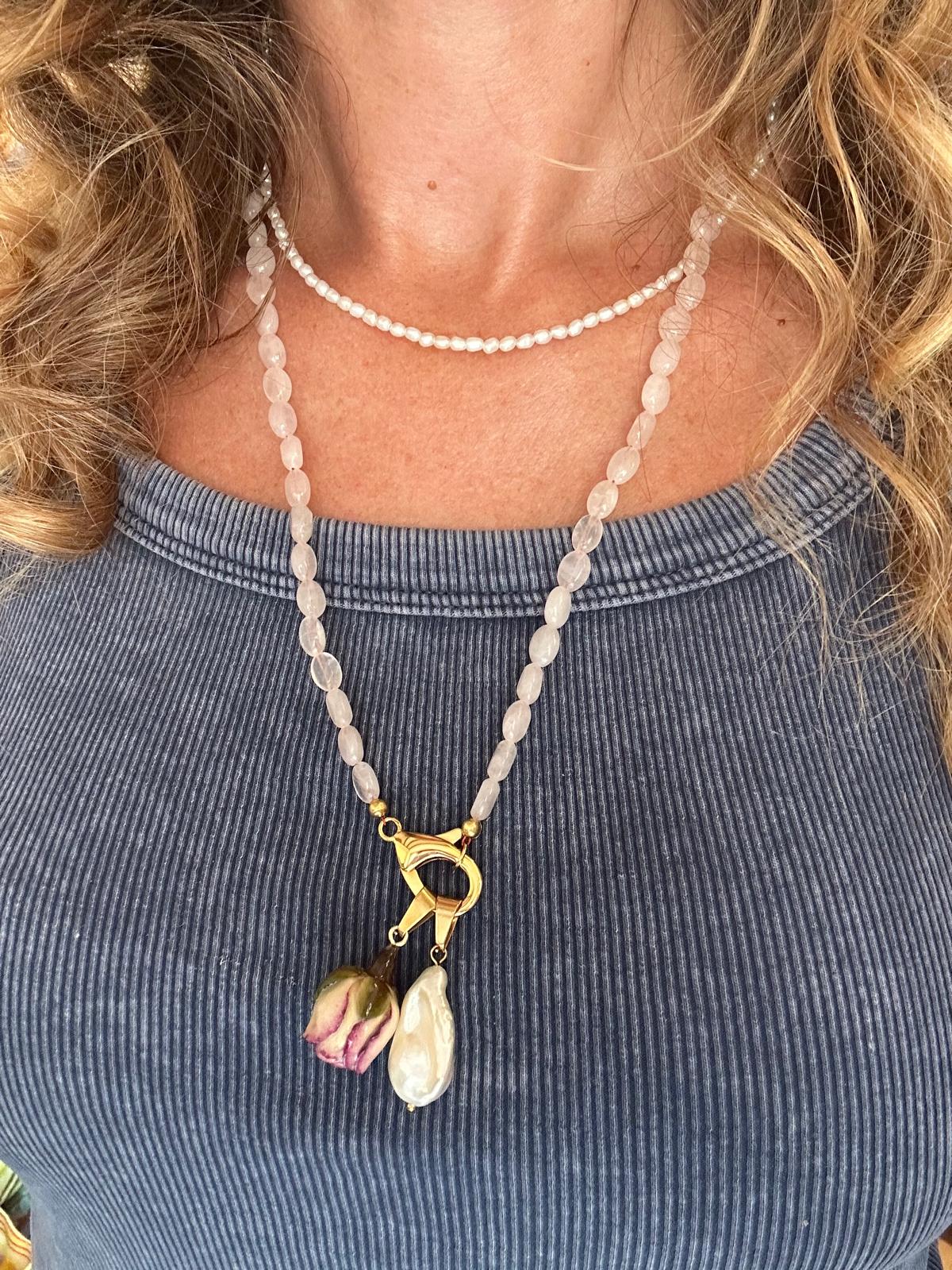 Collana in acciaio inossidabile e quarzo rosa "Silverio"