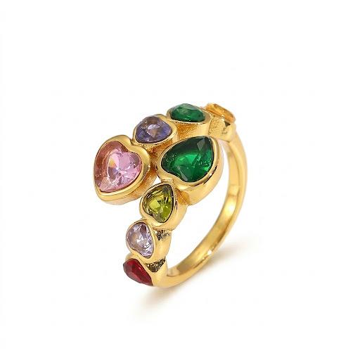 Anello regolabile in acciaio inossidabile e zirconi placcato oro 18K "Sospiro"