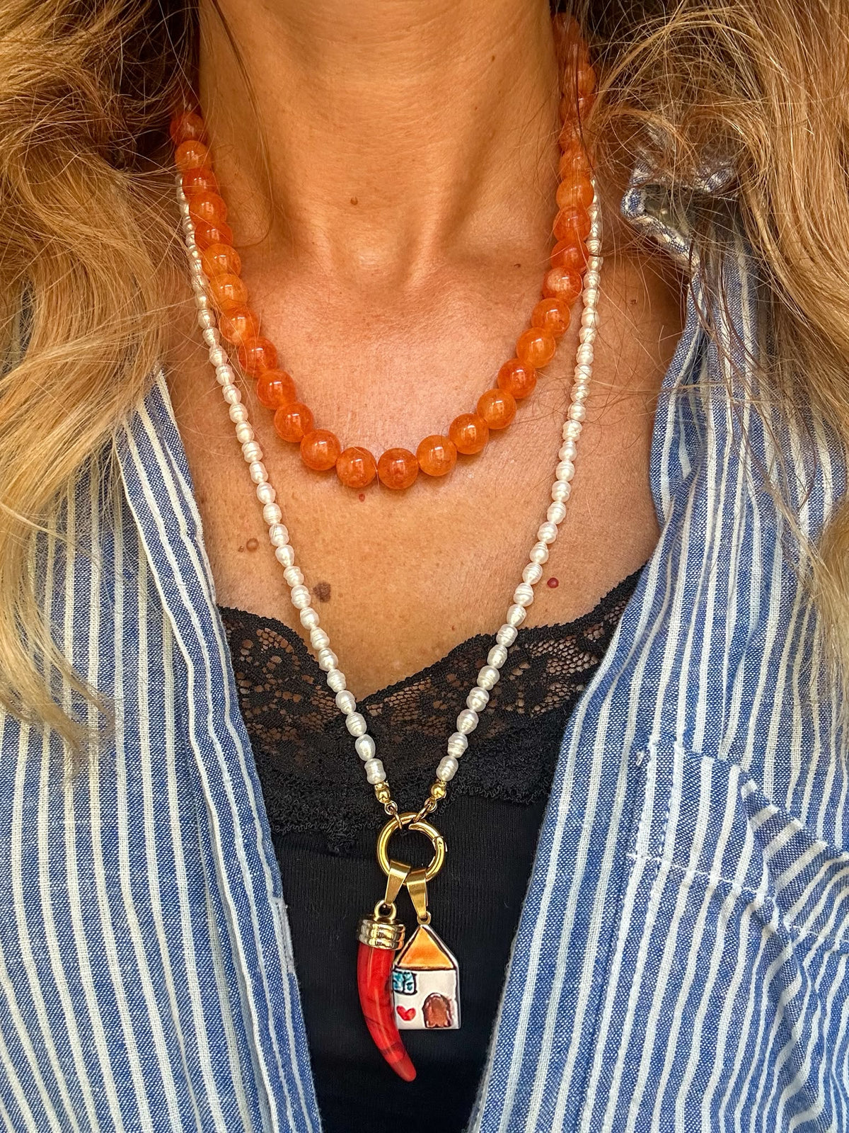 Collana in acciaio inossidabile e vere perle d'acqua dolce "Bambaissa"